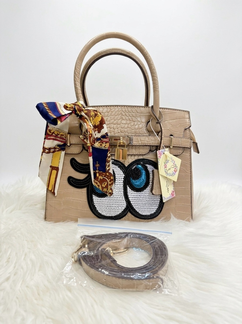 Monte Rosso Apricot Croc-Embossed Satchel with Eye Patch & Scarf Accent